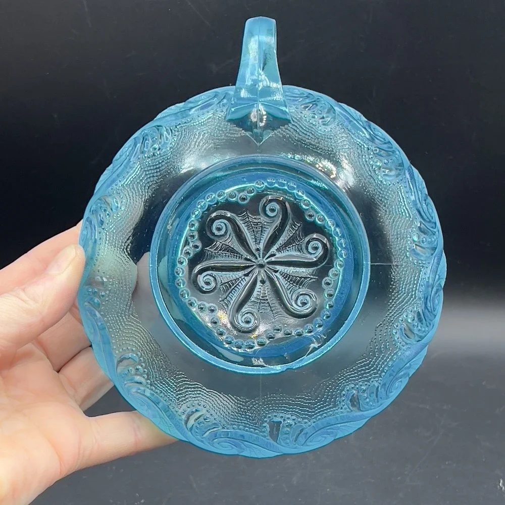 Antique Jefferson Glass Opalescent Blue Sea Spray Nappy Candy Dish w‎ Handle 6